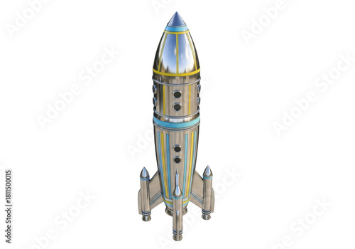 Isolated shiny silver metal rocket ship on a seamless backdrop ready for takeoff journey