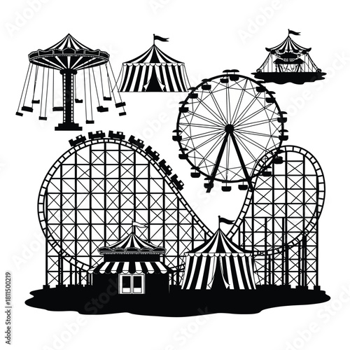 Amusement park iconic attractions collection with roller coaster, ferris wheel, swing ride, and carnival tents silhouette Vector, illustration