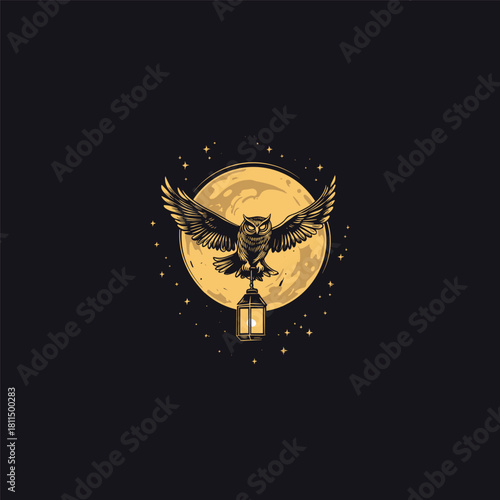 vintage illustration of a majestic Great Horned Owl in flight, holding an antique lantern against a large full moon and starry night sky