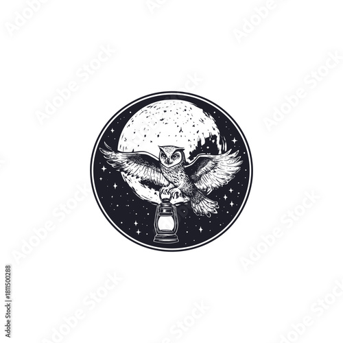 vintage illustration of a majestic Great Horned Owl in flight, holding an antique lantern against a large full moon and starry night sky