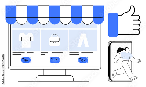 E-commerce. E-commerce concept with shopping cart icons, digital storefronts, and mobile user engagement. E-commerce for online marketplaces, retail, digital marketing, small businesses. Online
