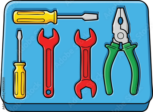 Set of Common Hand Tools Including Screwdrivers Wrenches And Pliers Organized In A Blue Tray On A White Background
