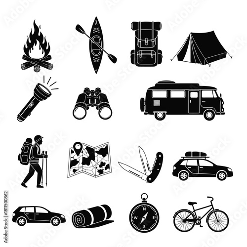 Outdoor adventure and camping gear icons set, including travel, hiking equipment, and nature exploration symbols Vector, illustration