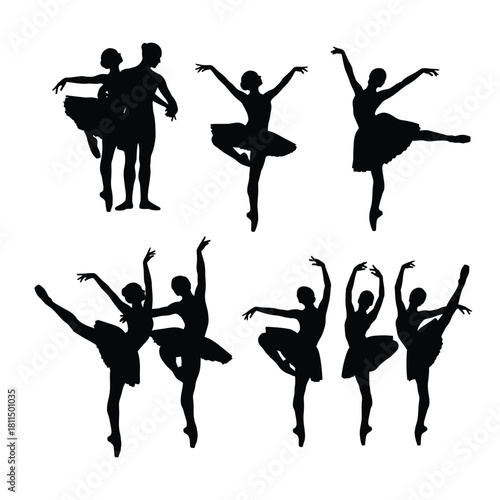 Collection of elegant black ballet dancer silhouettes performing various graceful poses on a white background Vector, illustration