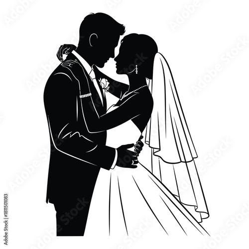 Romantic silhouette of an elegant bride and groom embracing intimately on their happy wedding day, showing love. Vector, illustration
