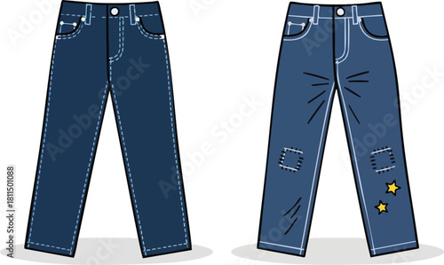 Two pairs of blue denim jeans one plain and one decorated with patches and stars on a white background