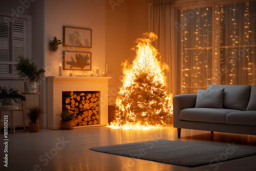 Dangerous house fire hazard as a Christmas tree is fully engulfed in flames in a living room at night creating emergency and destruction.