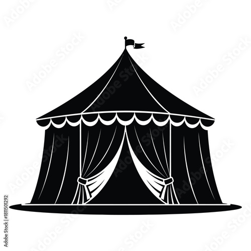 Classic black silhouette icon of a traditional circus big top tent with a decorative flag on top, isolated vector graphic. Vector, illustration
