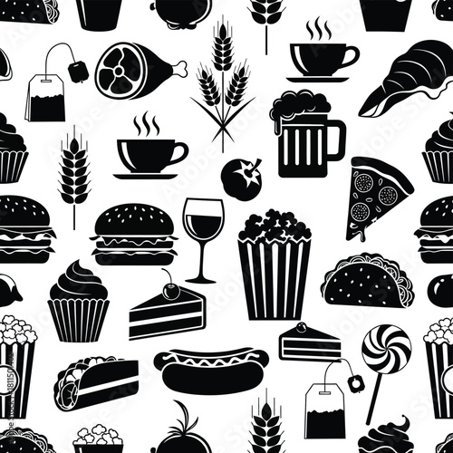 Seamless pattern of black food and drink icons on white background, various snacks and beverages texture design Vector, illustration