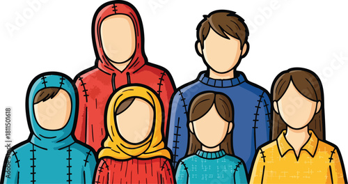 Pixelated Group Portrait Of Six People In Casual Outfits With No Faces Or Distinguishing Features