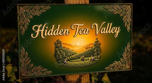 Hidden Tea Valley Sign Illustrating Scenic Landscape and Sunset in Beautiful Colors