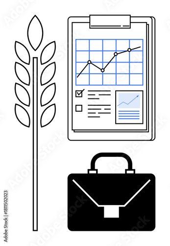 Data chart and wheat sprig symbolizing agricultural growth with a business briefcase. Ideal for agribusiness, market growth, analysis, finance, trade, sustainability, rural development. Simple flat
