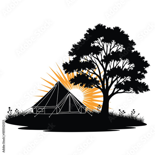 Camping tent and large lush tree silhouette with vibrant sunburst rays, outdoor adventure graphic design icon Vector, illustration