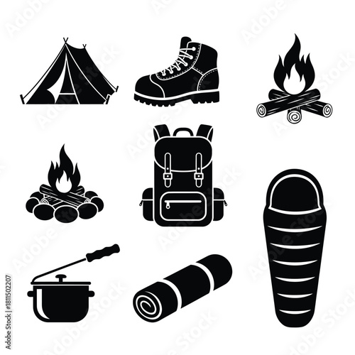 Camping and hiking essential gear icons set including tent, boot, campfire, backpack, sleeping bag, mat, and pot Vector, illustration