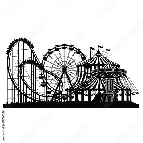 Amusement park rides silhouette featuring roller coaster, ferris wheel, carnival tent, and swing ride. Vector, illustration
