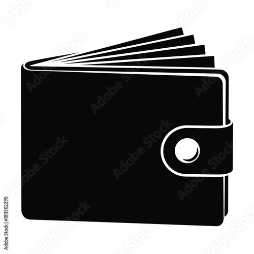 Black silhouette illustration of a bifold wallet with fanned cards, featuring a secure snap closure icon. Vector, illustration