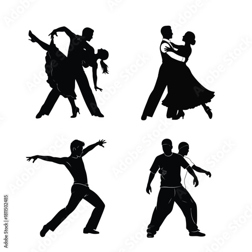 Dynamic dance silhouettes collection: diverse couples and solo performers showcasing various styles, elegant movement. Vector, illustration
