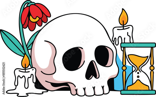 Human skull with a blooming red flower and burning candles with hourglass on white background