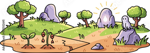 Pixel Art Landscape with Sprouts Rocks Trees and a Bird Under Soft Sunlight