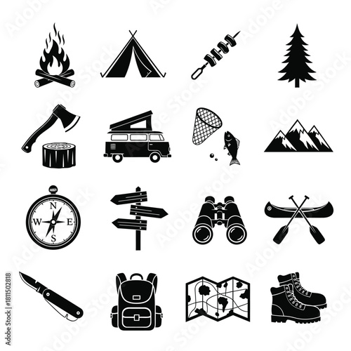 Camping and outdoor adventure icons set. nature exploration, hiking, fishing, and travel symbols collection. Vector, illustration