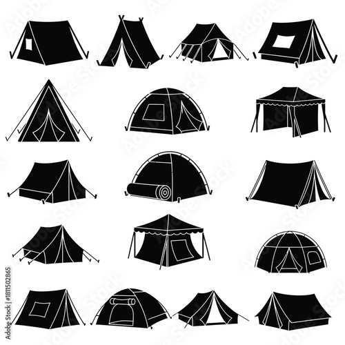 A diverse collection of camping tent silhouettes featuring various shapes and styles for outdoor adventure. Vector, illustration