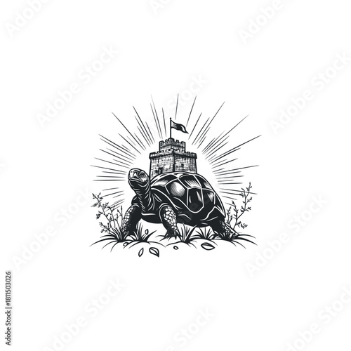 vintage engraving illustration of a large turtle carrying a castle tower with a flag on its shell, surrounded by leaves and glowing sunburst rays