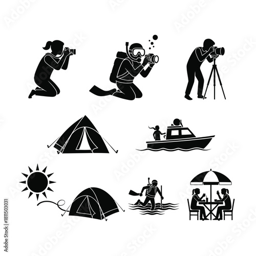 Outdoor leisure activities and photography icons set showing travel, camping, water sports, and dining concepts. Vector, illustration