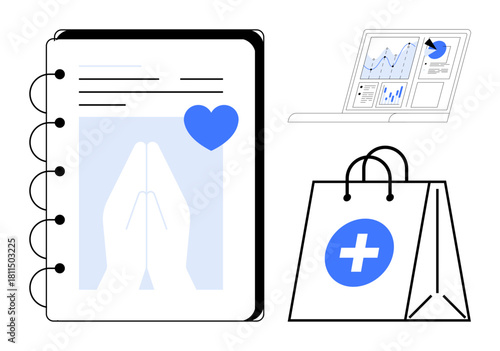 Notebook with hands in prayer and heart, laptop showing analytics, medical bag with health cross. Ideal for healthcare, spirituality, analytics, wellness, e-commerce planning charity. Simple flat
