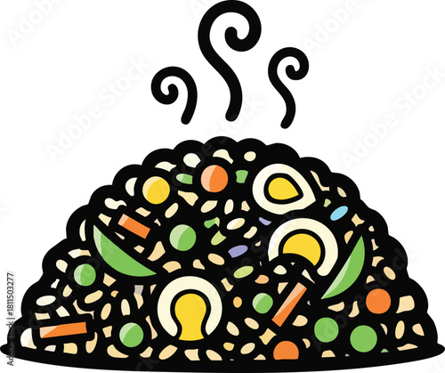 Steaming Pile of Fried Rice With Peas Carrots and Egg in a Rustic Bowl