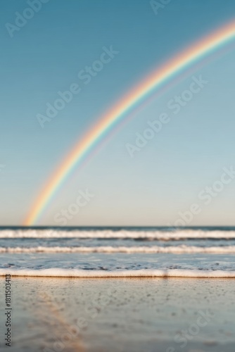 Soft, dreamy seascape with a pastel rainbow arching over gentle waves under a clear sky