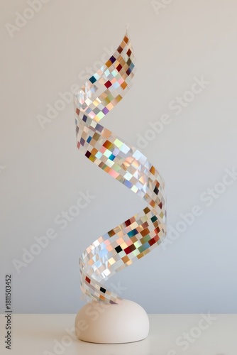 Colorful reflective mosaic strip twisted into a spiral shape standing on a minimal base