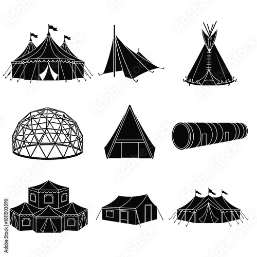 Collection of diverse tent silhouettes for outdoor events, camping, and temporary shelters, set on a clean background Vector, illustration
