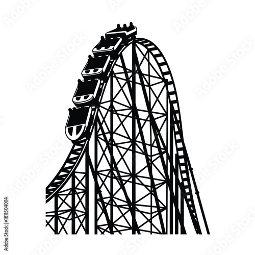 Silhouette of a classic roller coaster ride with cars climbing a steep track, symbolizing thrill and amusement Vector, illustration