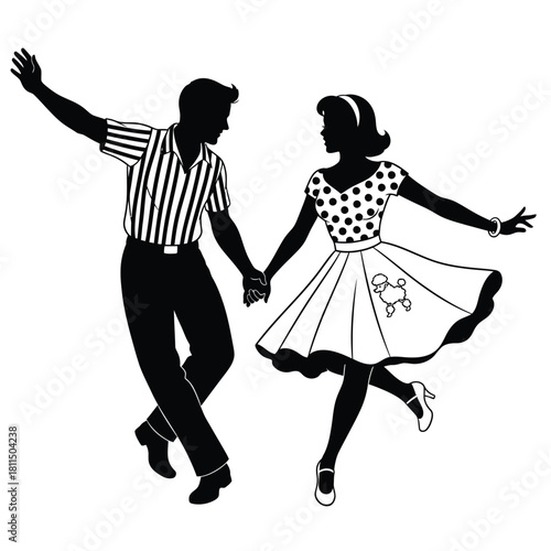 Fifties retro couple dancing silhouette, man and woman in vintage outfits enjoying rock and roll era dance Vector, illustration