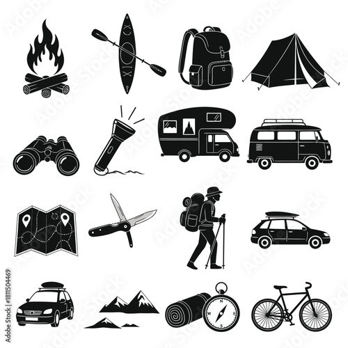 Outdoor adventure and camping icons set: essential gear, vehicles, and activities for nature exploration. Vector, illustration