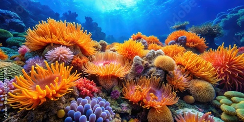 Fototapeta Naklejka Na Ścianę i Meble -  Colorful orange coral formations and vibrant sea anemones thriving amidst abundant marine life in a healthy coral reef ecosystem