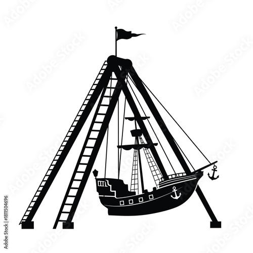 Pirate ship ride silhouette, classic amusement park attraction, thrilling fairground entertainment vector graphic fun ride. Vector, illustration