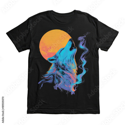 Black t-shirt featuring a vibrant, colorful howling wolf against an orange moon with smoke