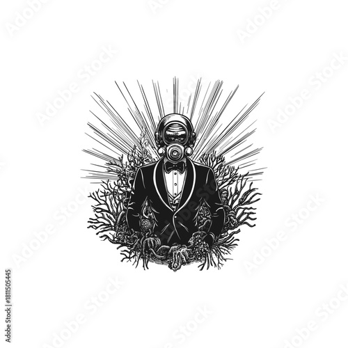 vintage illustration of a mysterious figure in a tuxedo and bow tie wearing a futuristic gas mask or diving helmet, emerging from coral and marine plants with a bright sunburst halo