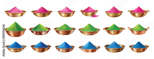 Colorful Gulal powder in traditional Indian Holi festival bowls isolated on white.