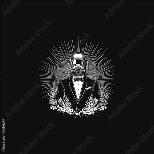 vintage illustration of a mysterious figure in a tuxedo and bow tie wearing a futuristic gas mask or diving helmet, emerging from coral and marine plants with a bright sunburst halo