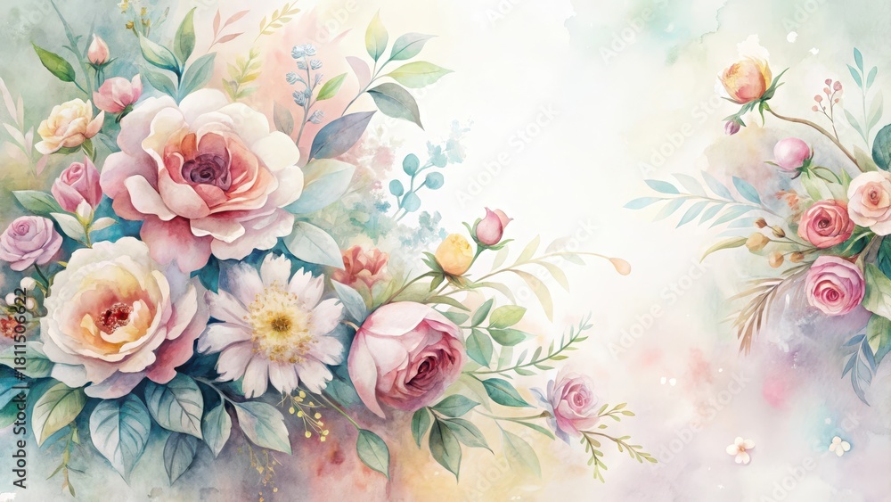Fototapeta Delicate floral watercolor painting on a white background with soft pastel colors and intricate brushstrokes