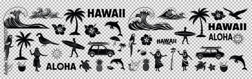 Hawaiian themed vector art featuring palm trees waves hula dancers and tropical elements design set