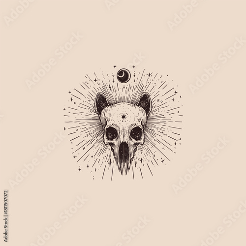 Mystical vintage illustration of an animal skull fox head with a central star, surrounded by cosmic elements, stars, and a moon in a dark