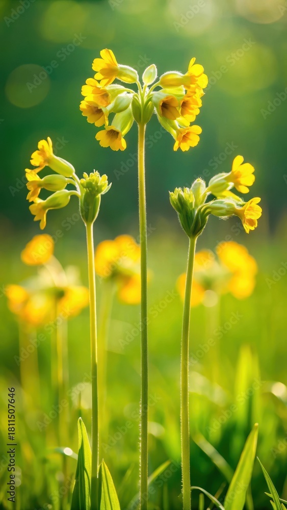 Obraz premium Close-up of three cowslip stems with bright yellow flowers standing upright in a lush green meadow on a sunny day