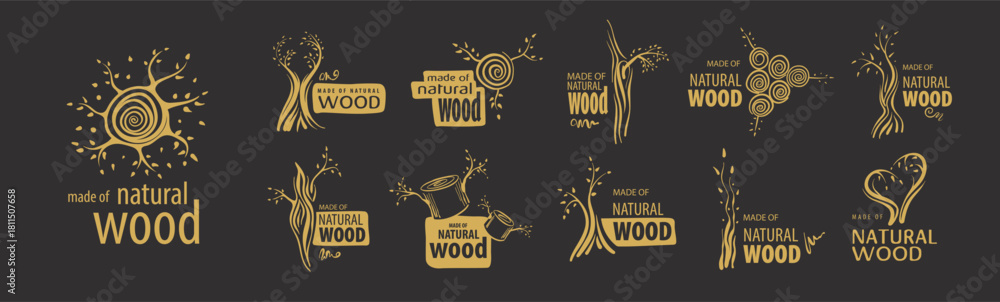 Fototapeta premium A set of unusual hand-drawn vector logos for the production of wood products