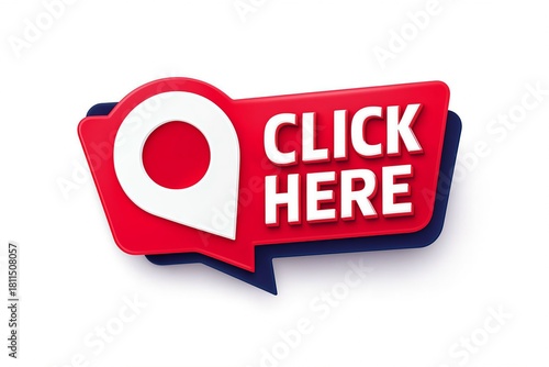 Red speech bubble with a location pin icon and the words click here in white text on a white background