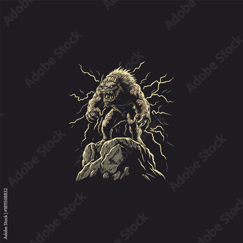 Powerful vintage illustration of a ferocious werewolf or beast standing triumphantly on a rugged rock, surrounded by striking lightning bolts