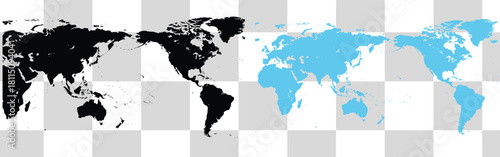 World map illustration showing continents in black and blue on a gray and white checkered background