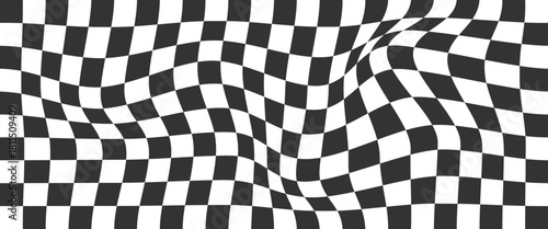 Trippy checkerboard background. Retro psychedelic checkered wallpaper. Wavy groovy chessboard surface. Distorted geometric pattern.